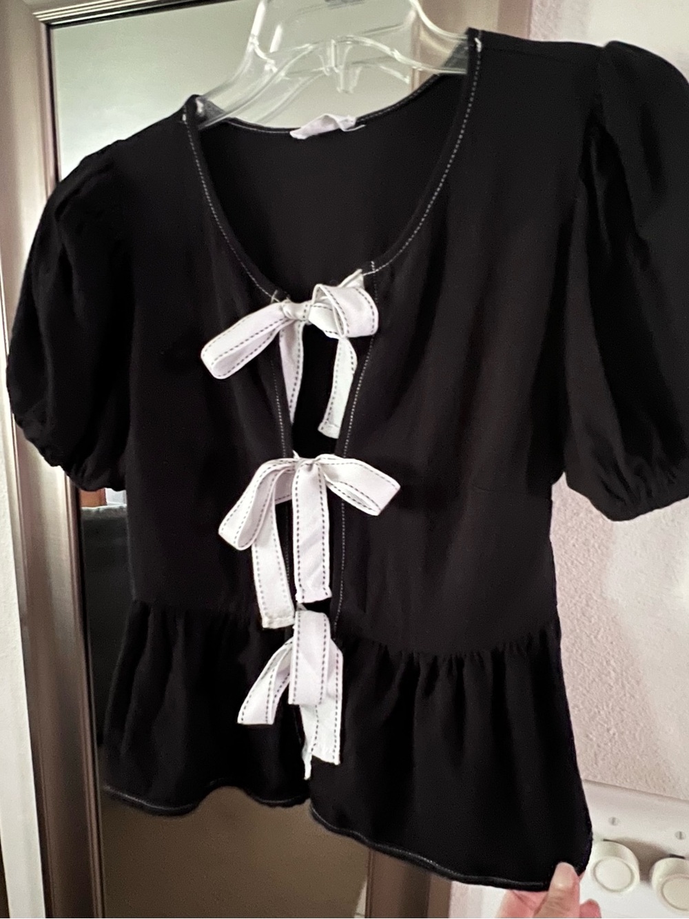 Sienna Sky Black Peplum Top with White Bow Ties Size M Never worn